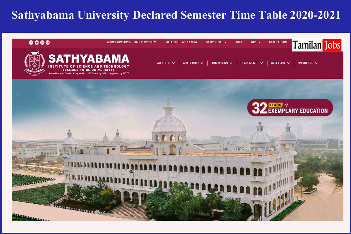 Sathyabama University Declared Semester Time Table 2020-2021