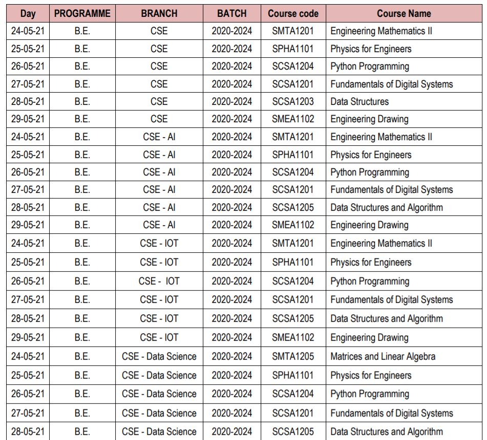 Sathyabama Semester Exam Time Table 1