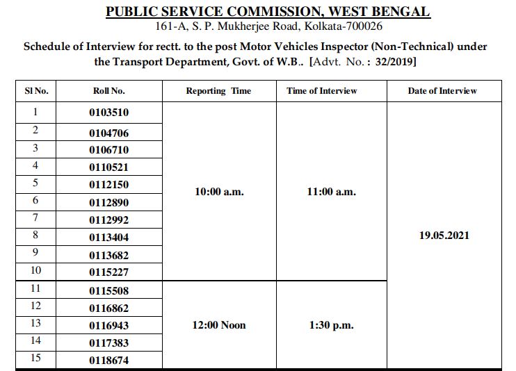 WBPSC MVI Interview Date 2021