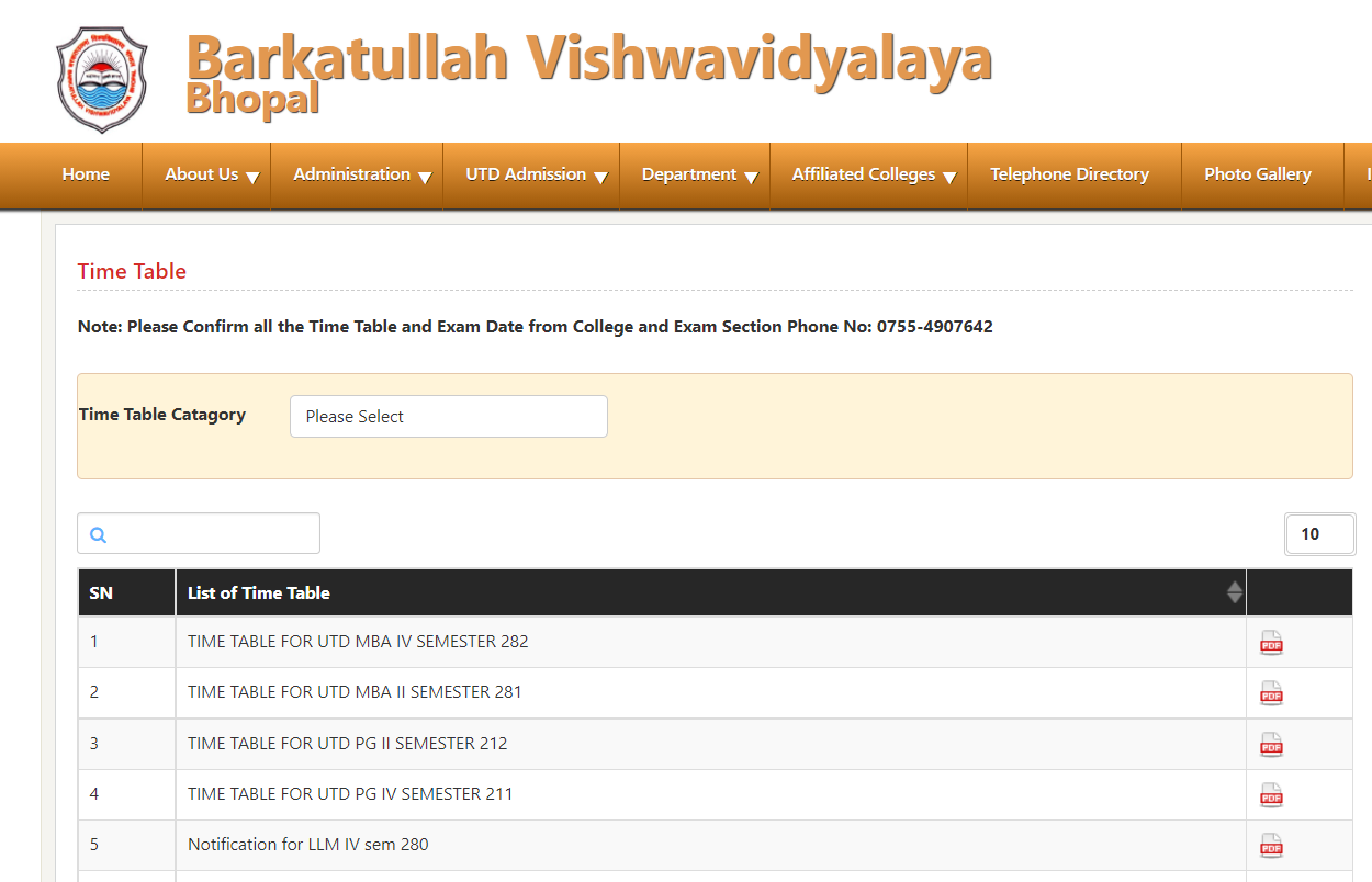 BU Bhopal Time Table 2021