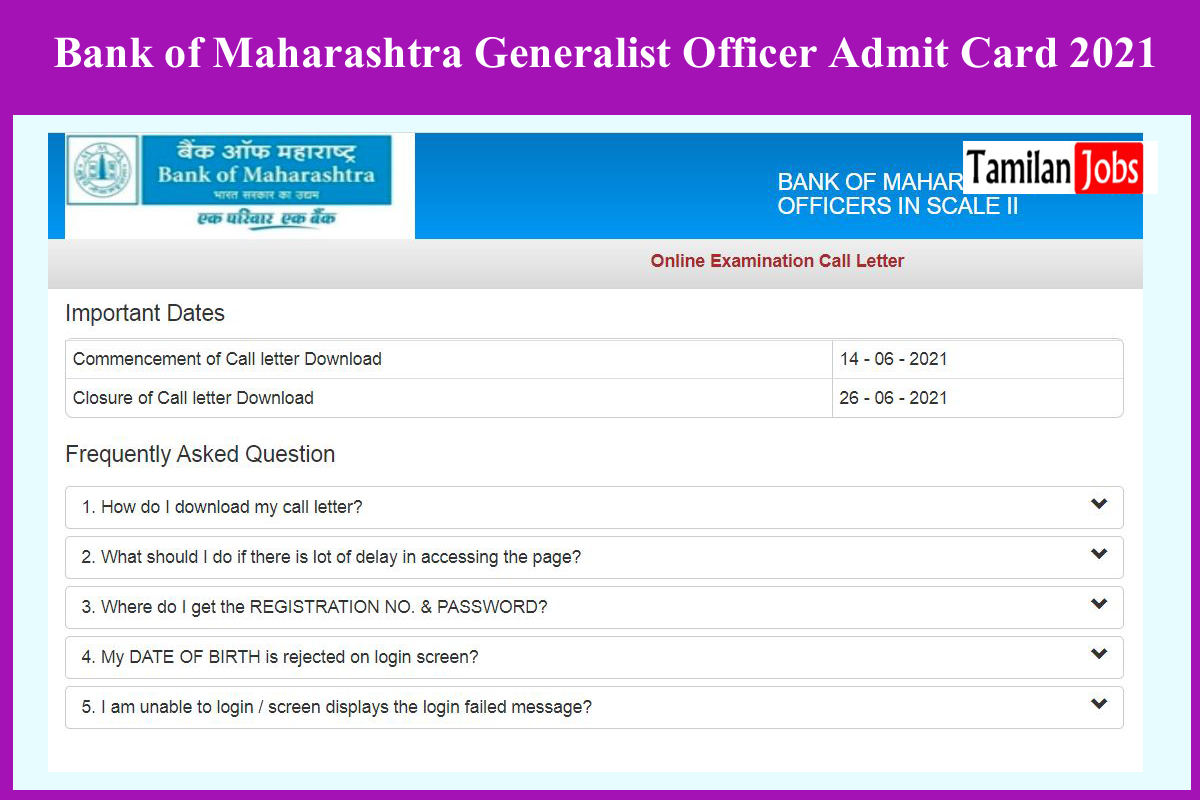 Bank of Maharashtra Generalist Officer Admit Card 2021