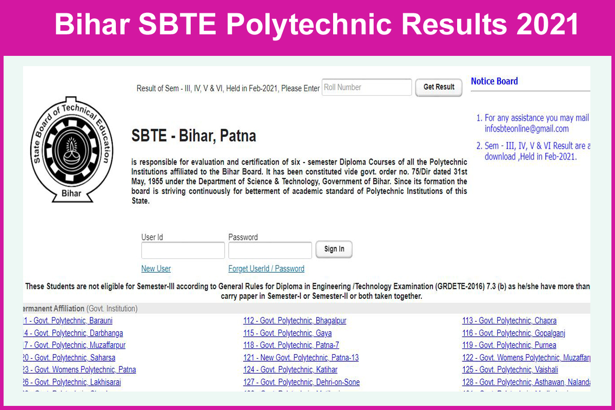 Bihar SBTE Polytechnic Results 2021