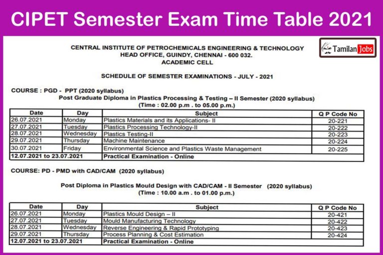 CIPET Semester Exam Time Table 2021