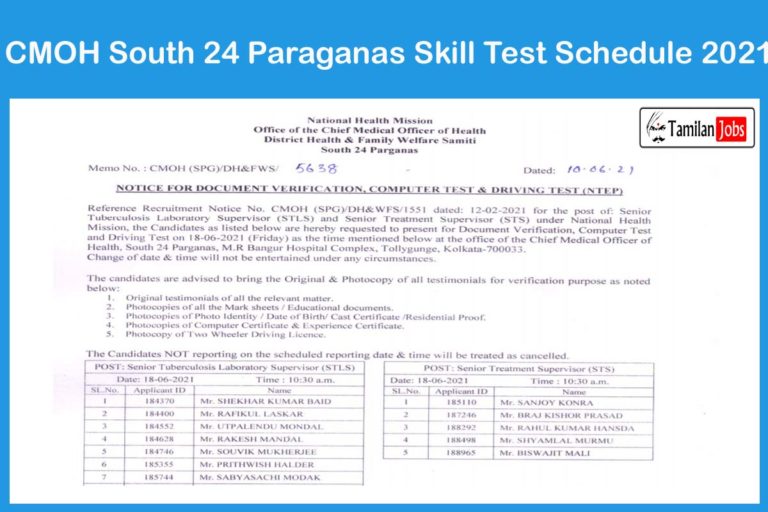 CMOH South 24 Paraganas Skill Test Schedule 2021