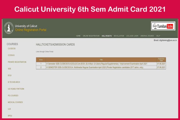 Calicut University 6th Sem Admit Card 2021