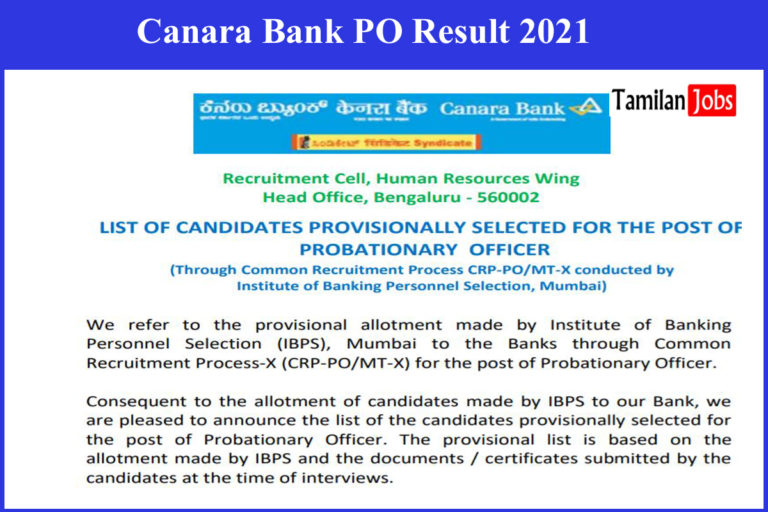 Canara Bank PO Result 2021