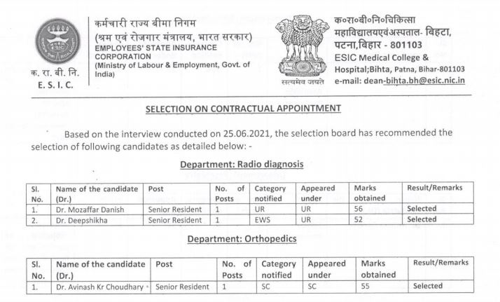 ESIC Senior Resident Result 2021