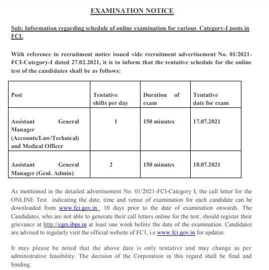 FCI AGM Exam Date 2021