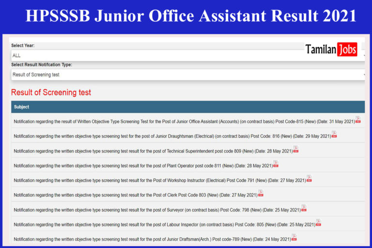 HPSSSB Junior Office Assistant Result 2021