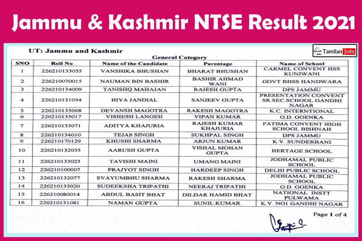 Jammu &Amp; Kashmir Ntse Result 2021