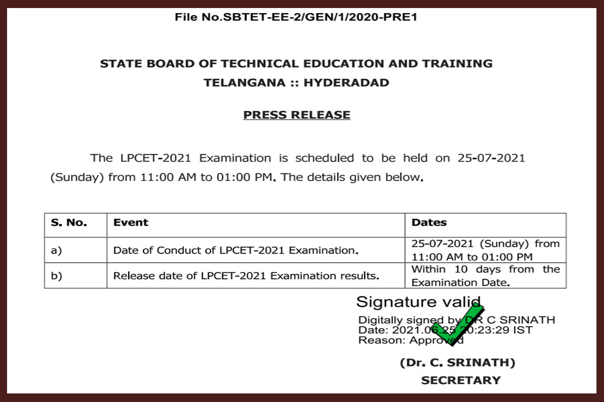 LPCET Exam Date 2021