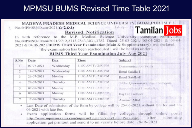 MPMSU BUMS Revised Time Table 2021