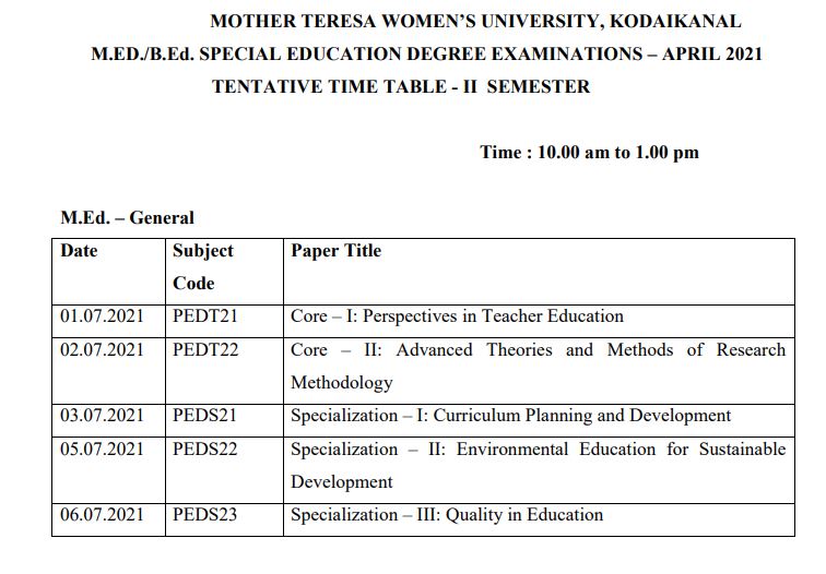 MTWU Semester Exam 2021 Time Table