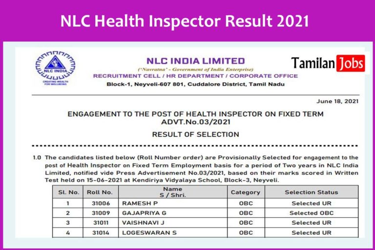 NLC Health Inspector Result 2021