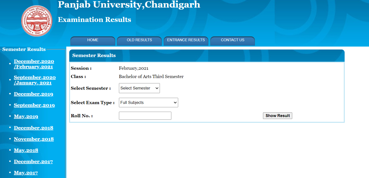 Panjab University BA 3rd Sem Result 2021