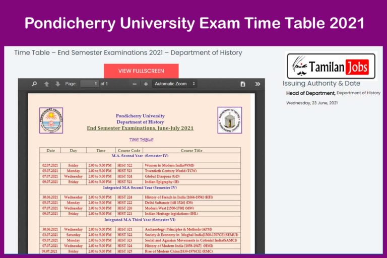 Pondicherry University Exam Time Table 2021