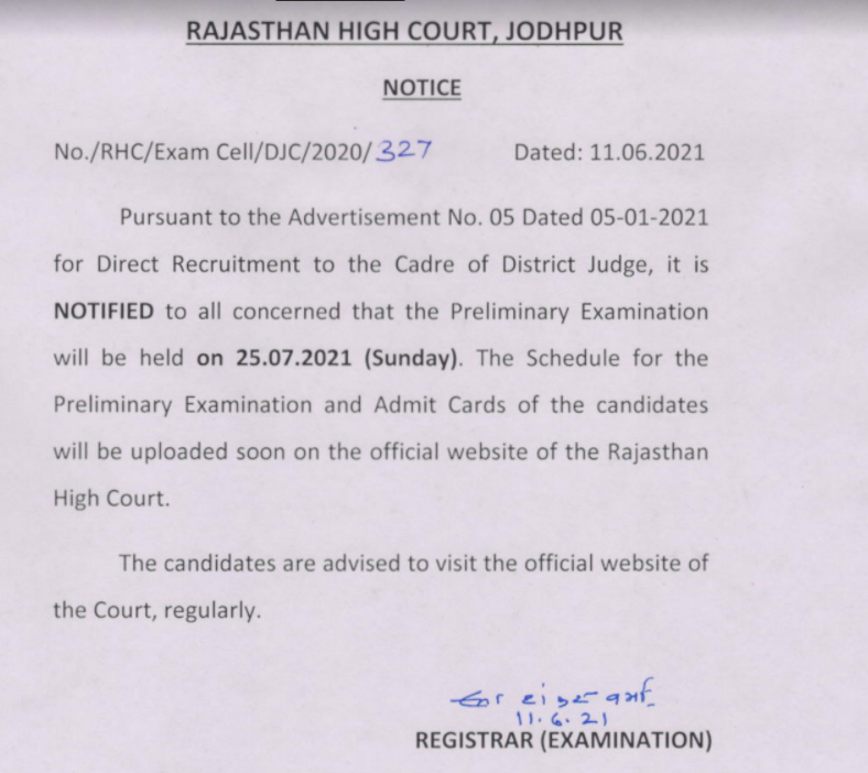 Rajasthan High Court District Judge Prelims 2021