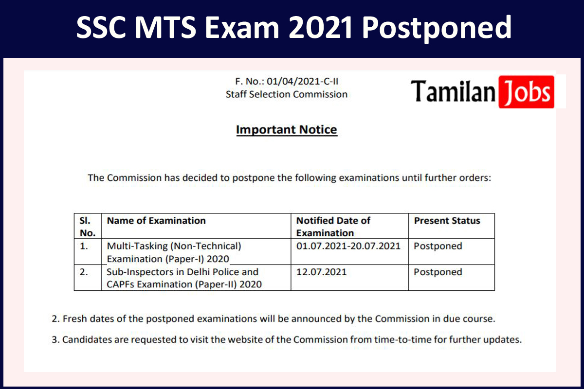 SSC MTS Exam 2021 Postponed