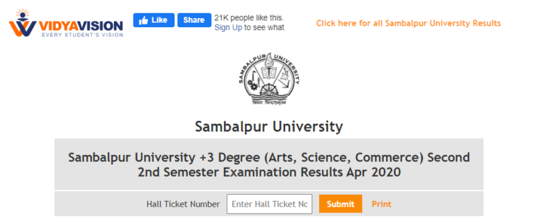 Sambalpur University 2nd Semester Result 2021