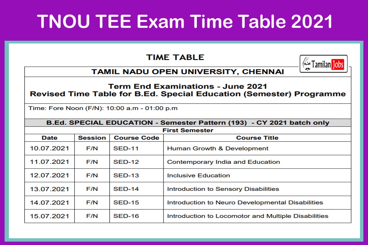 TNOU TEE Exam Time Table 2021