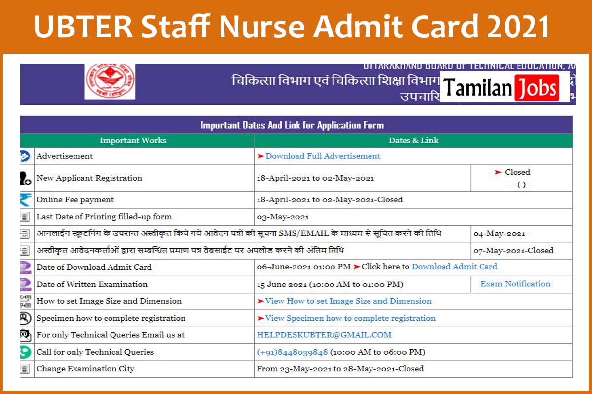 UBTER Staff Nurse Admit Card 2021