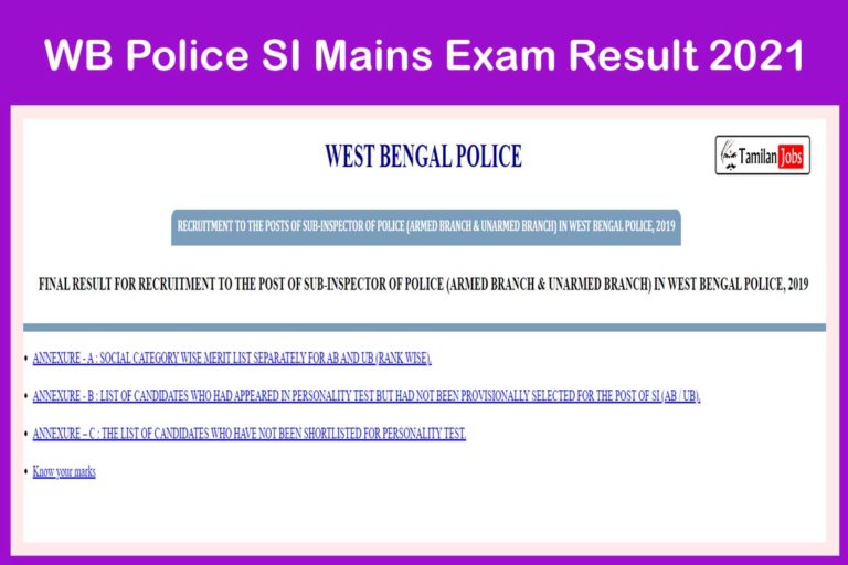 WB Police SI Mains Exam Result 2021