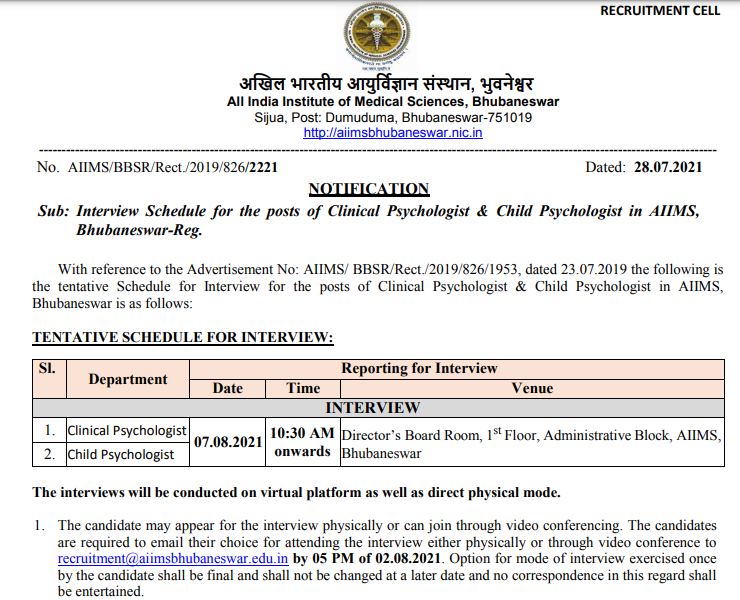 AIIMS Bhubaneswar Interview Schedule 2021