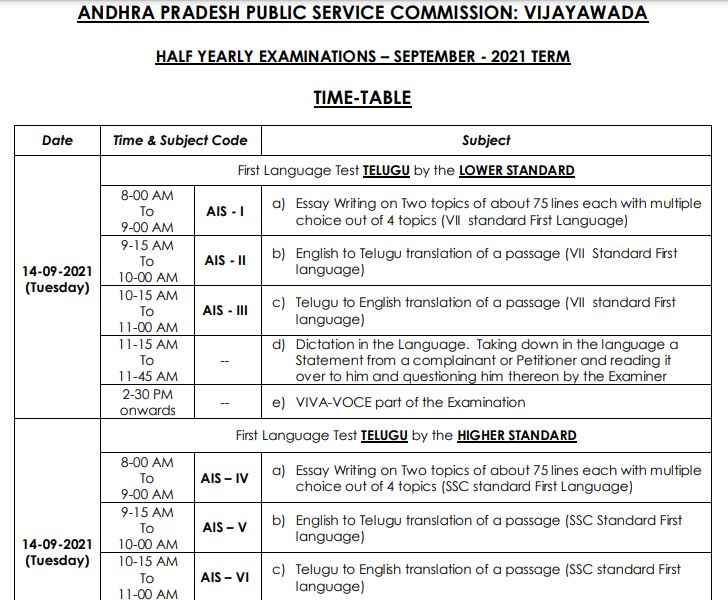 APPSC Half Yearly Exam Time Table 2021