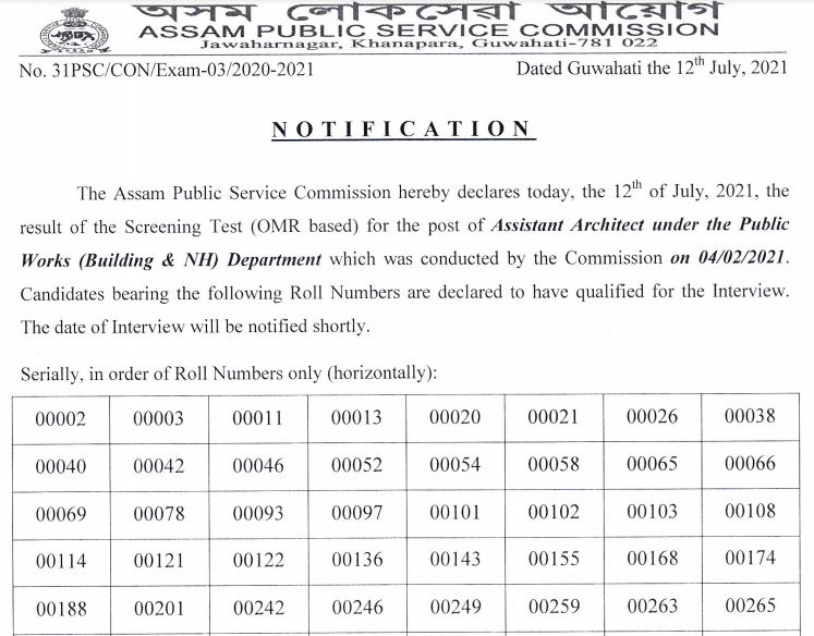 APSC Assistant Architect Result 2021