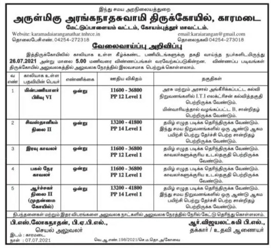 Tnhrce Aranganathar Swamy Temple Recruitment 2021