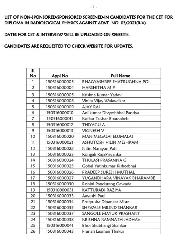 BARC Diploma in Radiological Physics Interview Date 2021