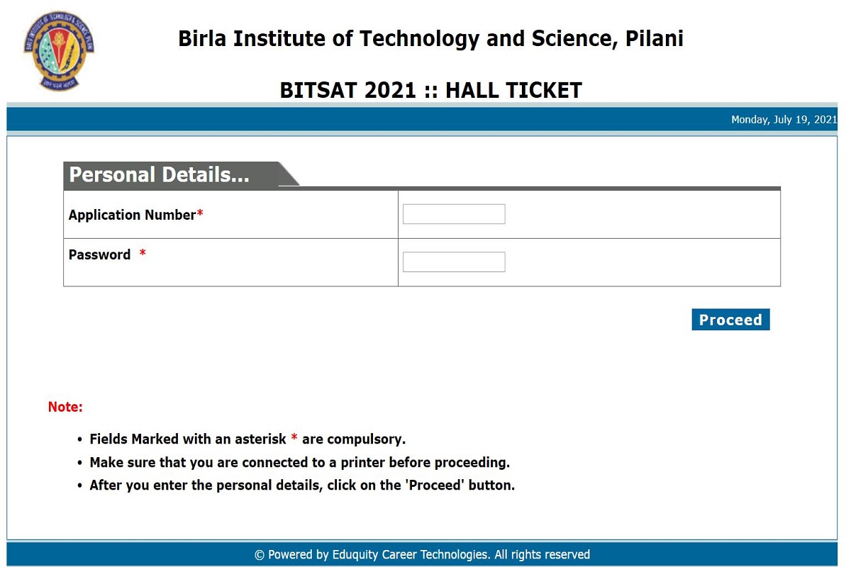 BITS Pilani BITSAT Hall Ticket 2021