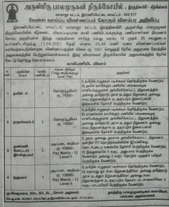 TNHRCE Balamurugan Temple Recruitment 2021