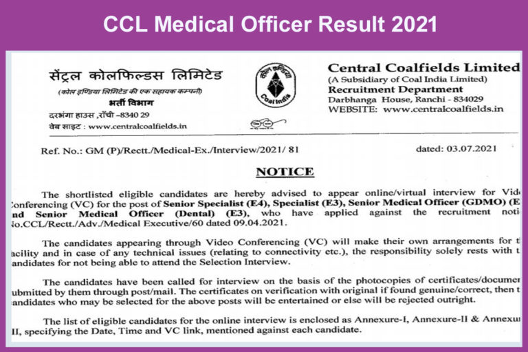CCL Medical Officer Result 2021