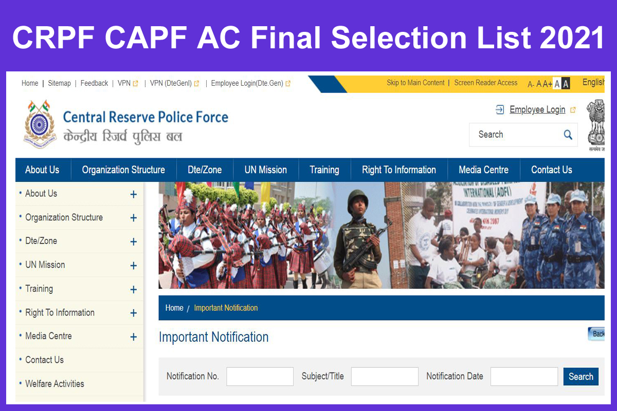 CRPF CAPF AC Final Selection List 2021