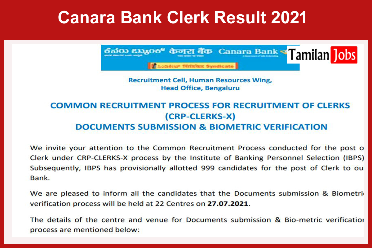 Canara Bank Clerk Result 2021