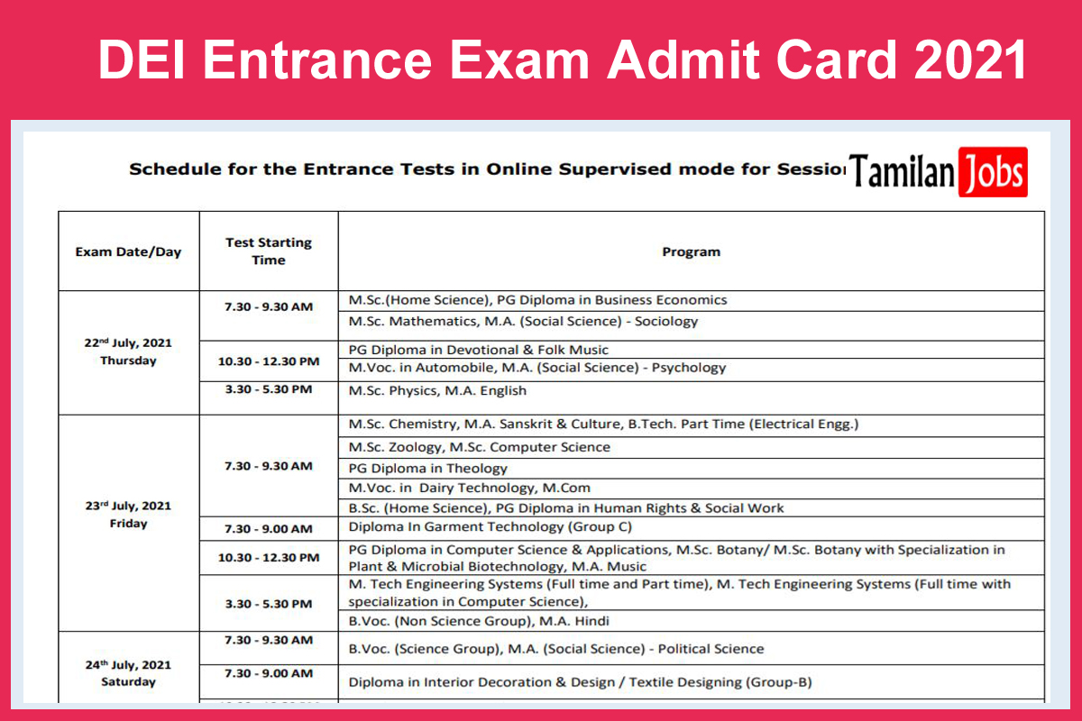 DEI Entrance Exam Admit Card 2021