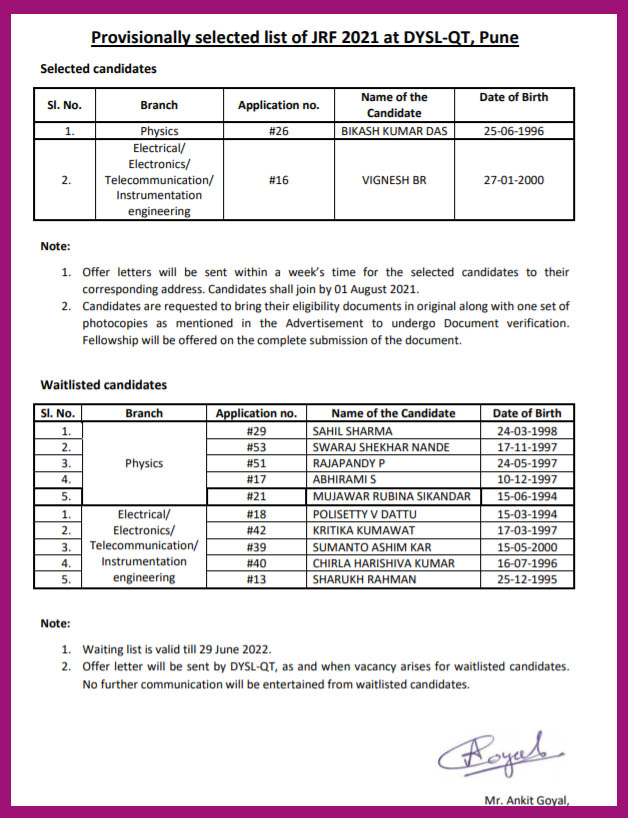 DRDO JRF Professionally Selected List 2021