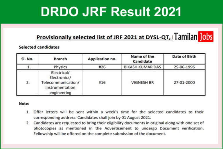 DRDO JRF Result 2021