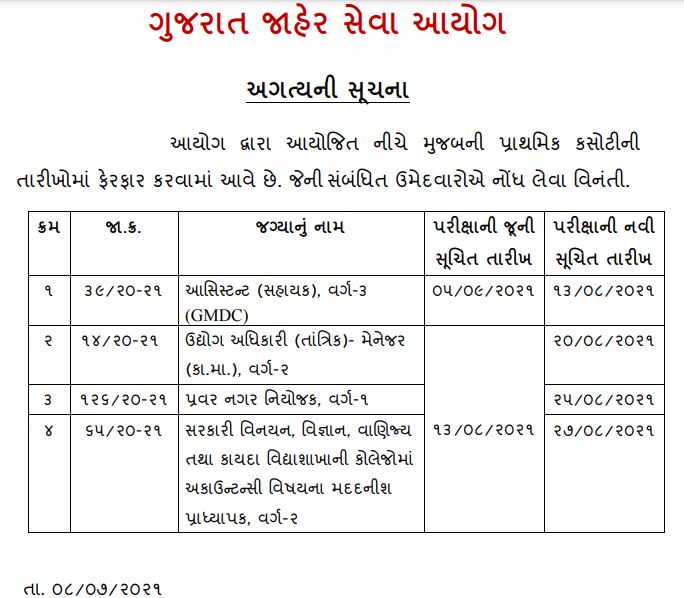 GPSC Revised Prelims Exam Schedule 2021