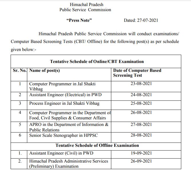 HPPSC Exam Schedule 2021