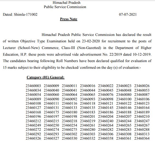 HPPSC Lecturer Result 2021