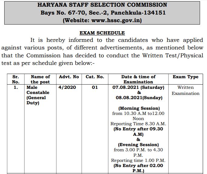 Haryana Police Sub Inspector Exam Date 2021