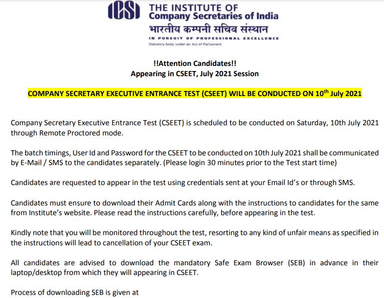 ICSI CSEET Exam Date 2021 July