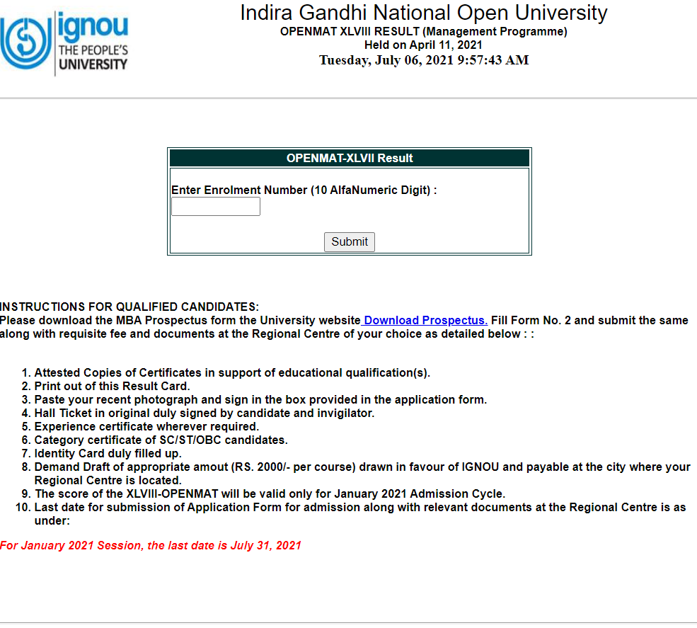 IGNOU OPENMAT Result 2021