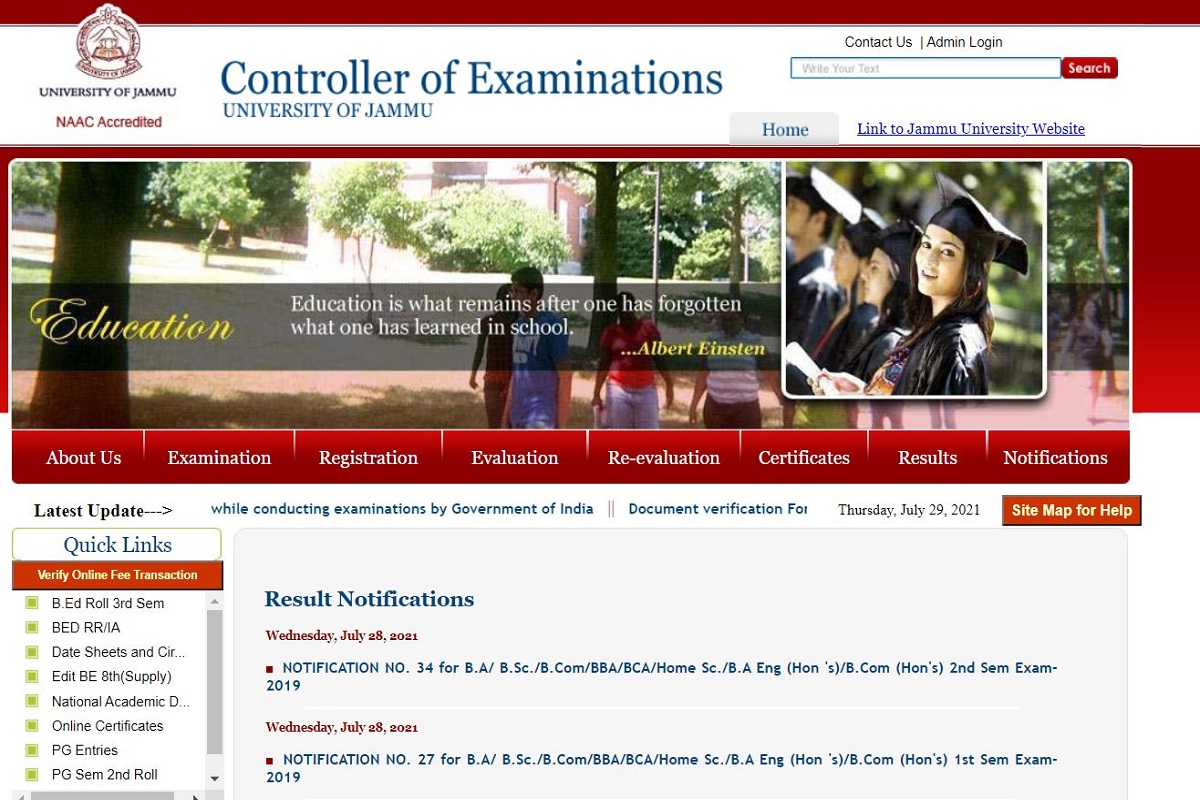 Jammu University UG, PG Result 2021