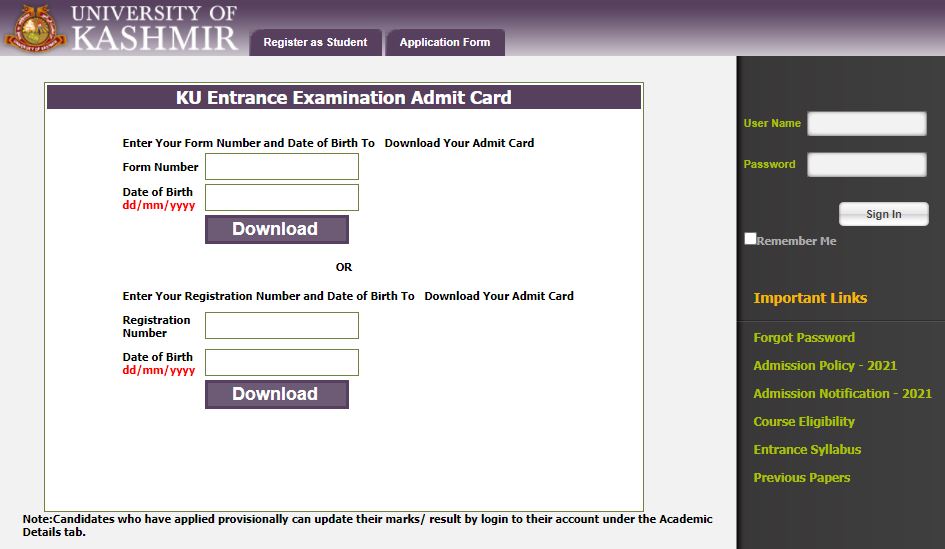 Kashmir University PG Entrance Admit Card 2021