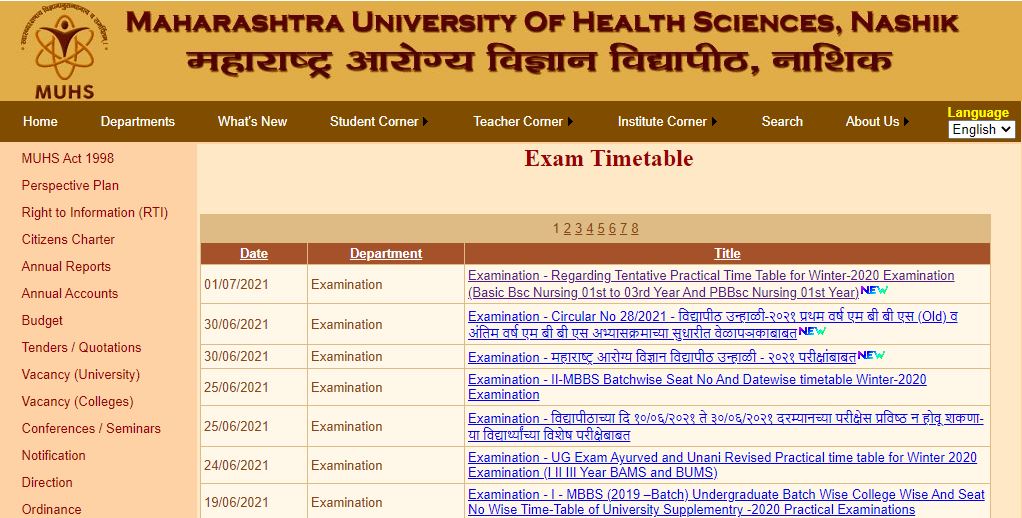 MUHS Practical Exam Time Table Winter 2021