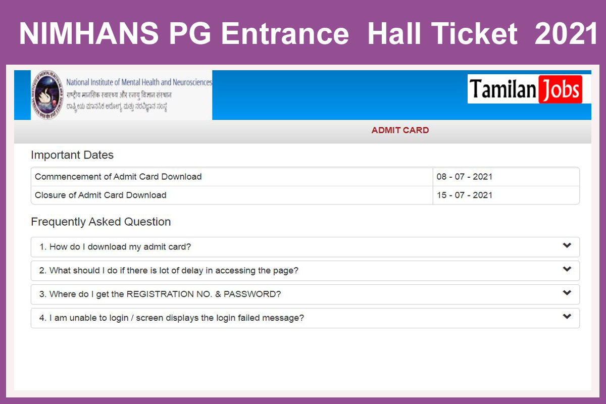 NIMHANS PG Entrance  Hall Ticket  2021