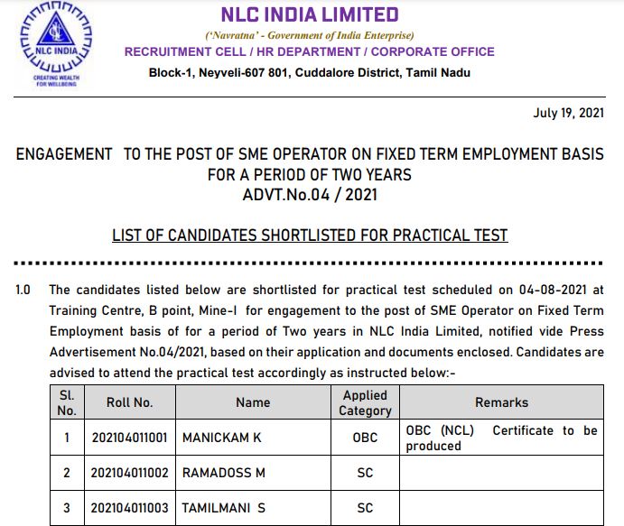 NLC SME Operator Result 2021